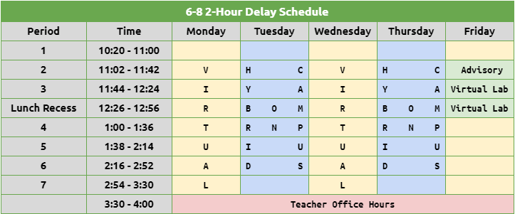 Middle School 2-hour delay schedule